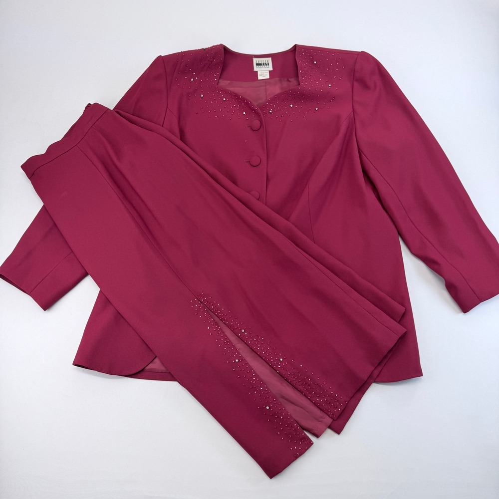 Leslie Fay Petite Beaded Skirt Suit Raspberry Pink 18WP Vintage Formal 2pc Set
